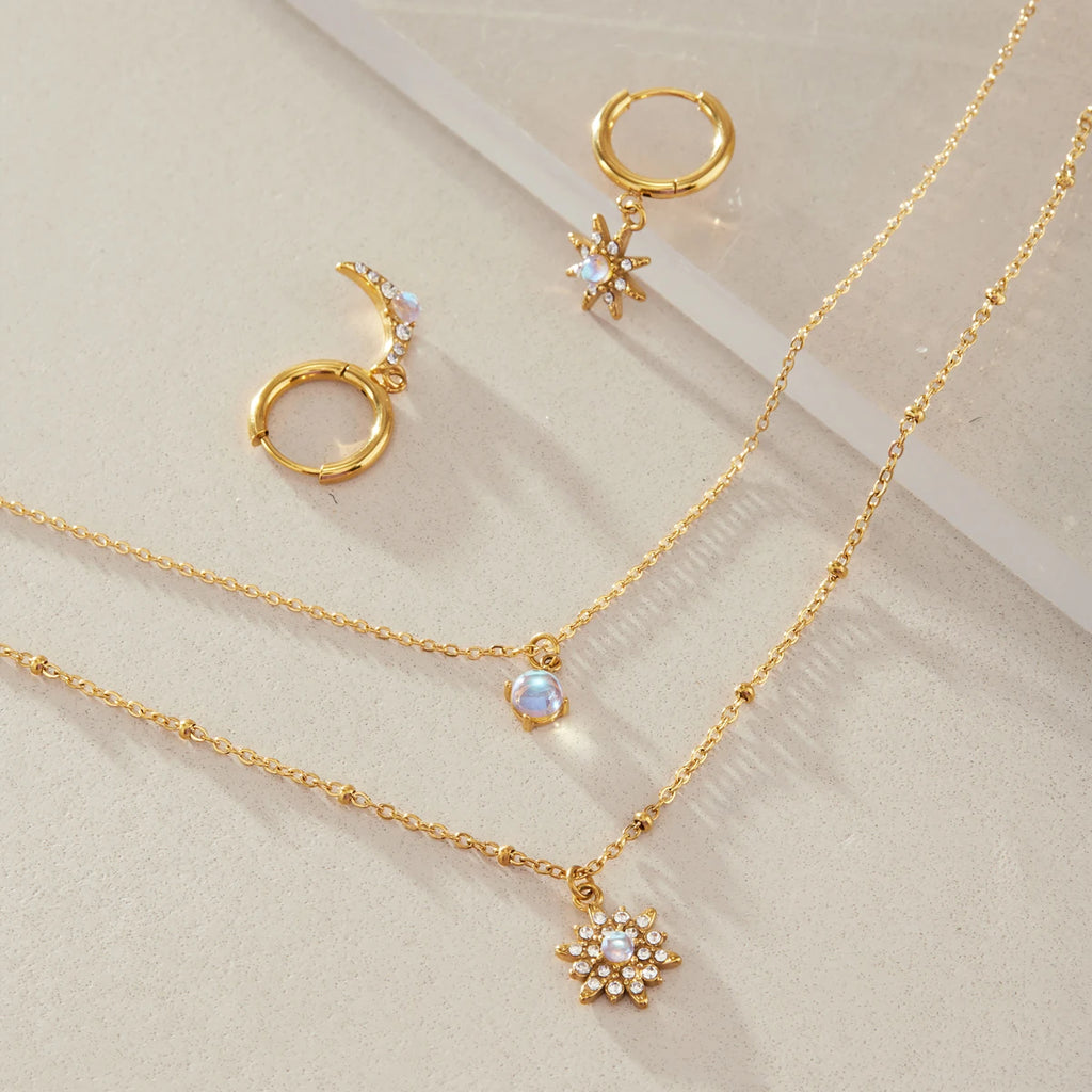 KIKA Moonstone Crystal Star Necklace Earrings  Gold PVD Plated Stainless Steel 316L