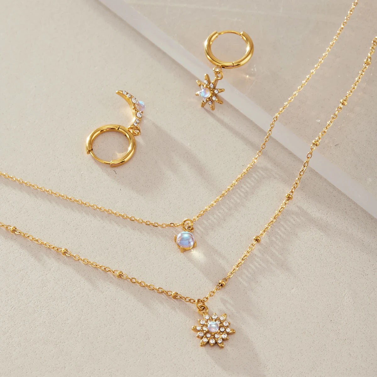 KIKA Moonstone Crystal Star Necklace Earrings  Gold PVD Plated Stainless Steel 316L