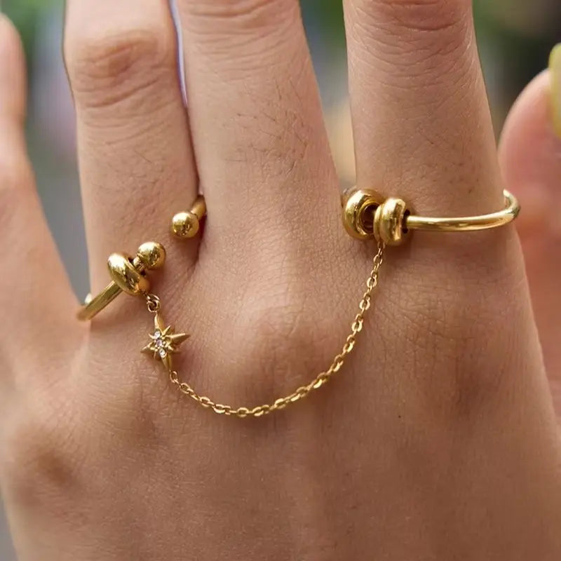 Kika Crystal Star Short Tassel Open Rings Minimalist 18K Gold PVD Plated Stainless Steel 316L