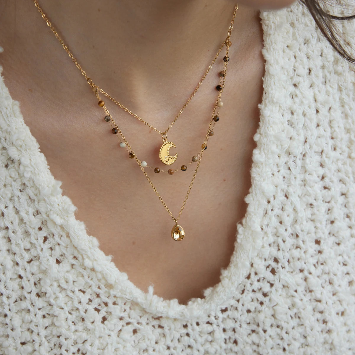 KIKA Natural Stone Beads Moon Water Drop Pendant Necklace For Women 18K Gold Plated Stainless Steel 316L