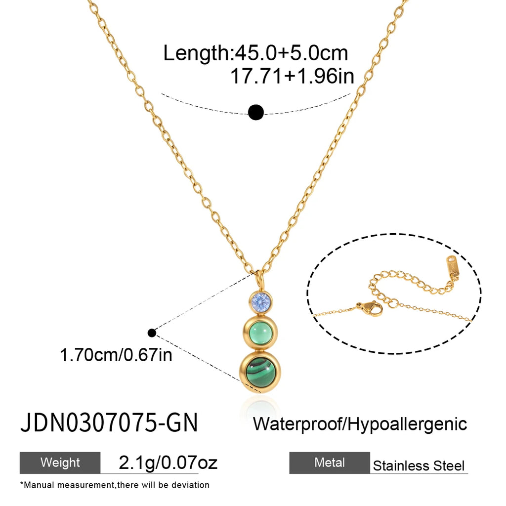 KIKA Malachite Stone Zircon Pendant Necklace For Women Minimalist 18K Gold PVD Plated Stainless Steel 316L
