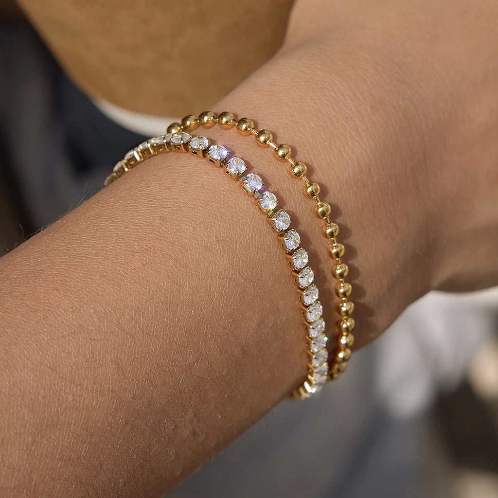 Kika Delicate White Zircon Chain With Gold Color Bead Chain Double-Layer Bracelet