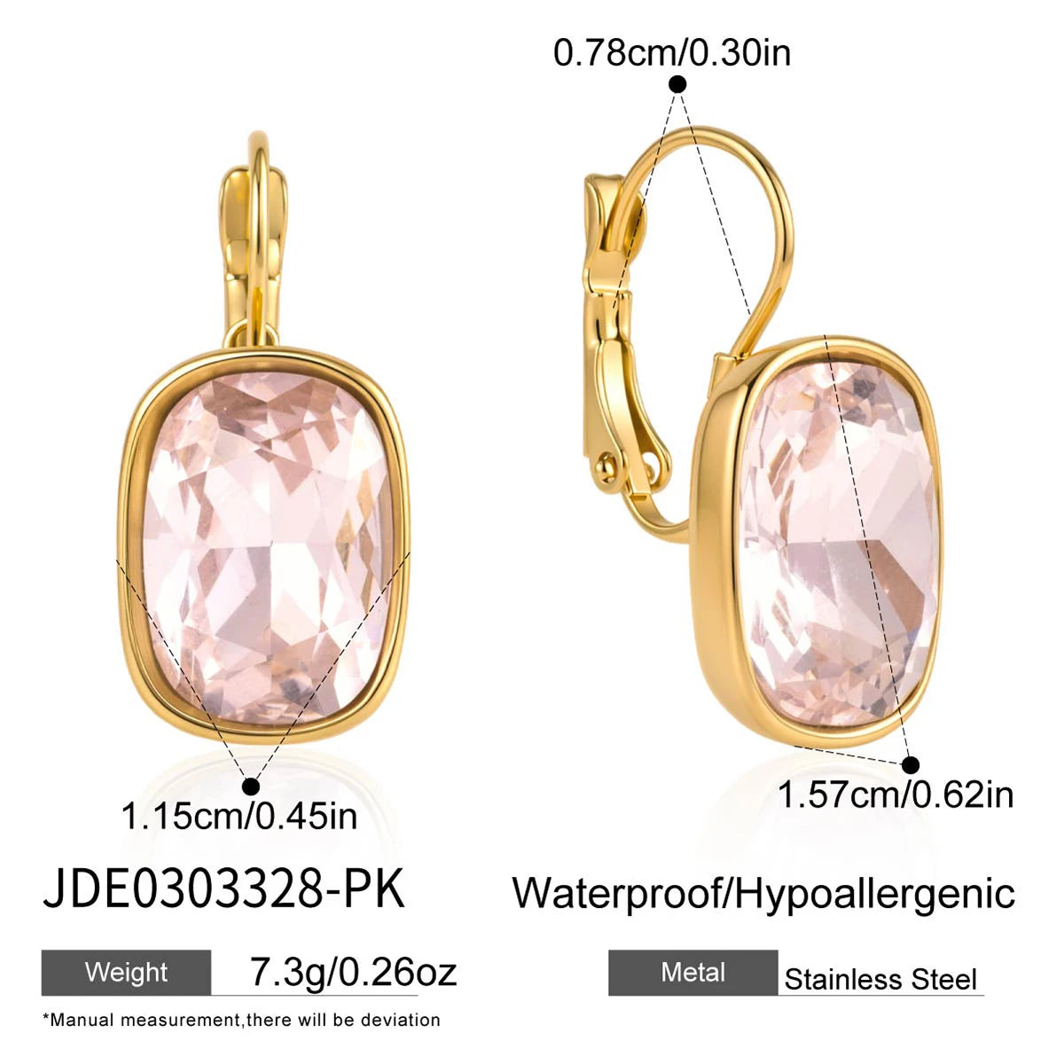 KIKA Elegant White Pink Crystal Clip Earrings PVD  Plated Stainless Steel 316L