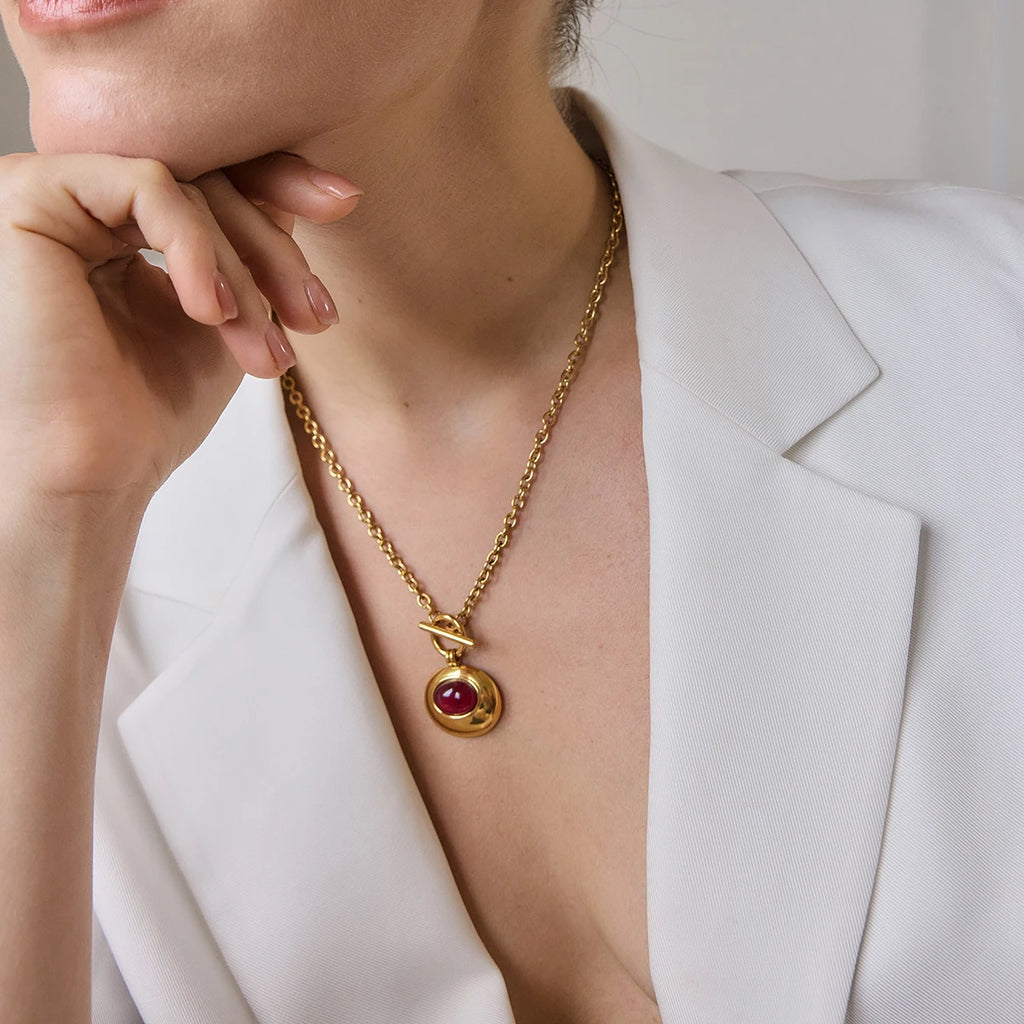 KIKA Classic Red Resin Pendant Necklace  18K Gold PVD Plated Stainless Steel 316L