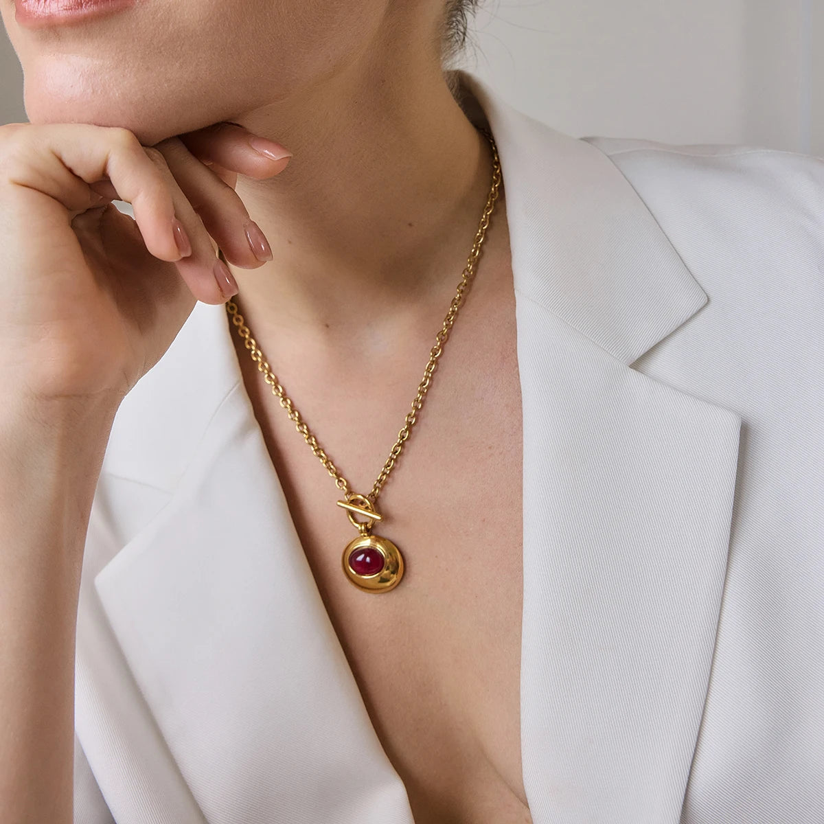 KIKA Classic Red Resin Pendant Necklace  18K Gold PVD Plated Stainless Steel 316L