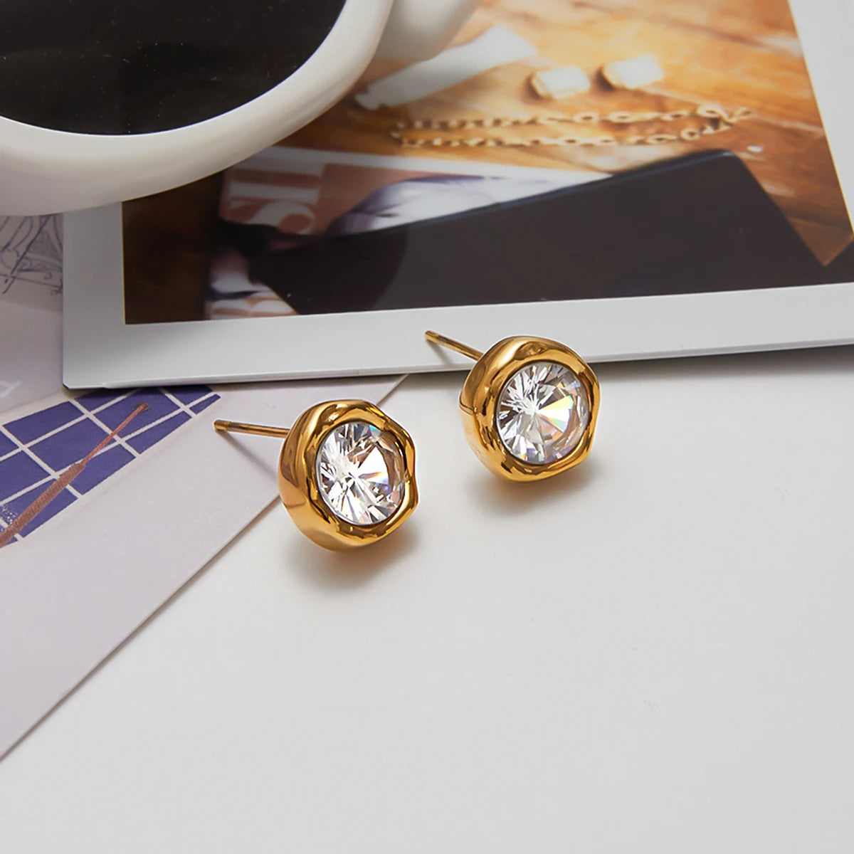 KIKA Simple Classic 18K Gold Color PVD Plated Stainless Steel 316L Round White Zircon Ear Studs
