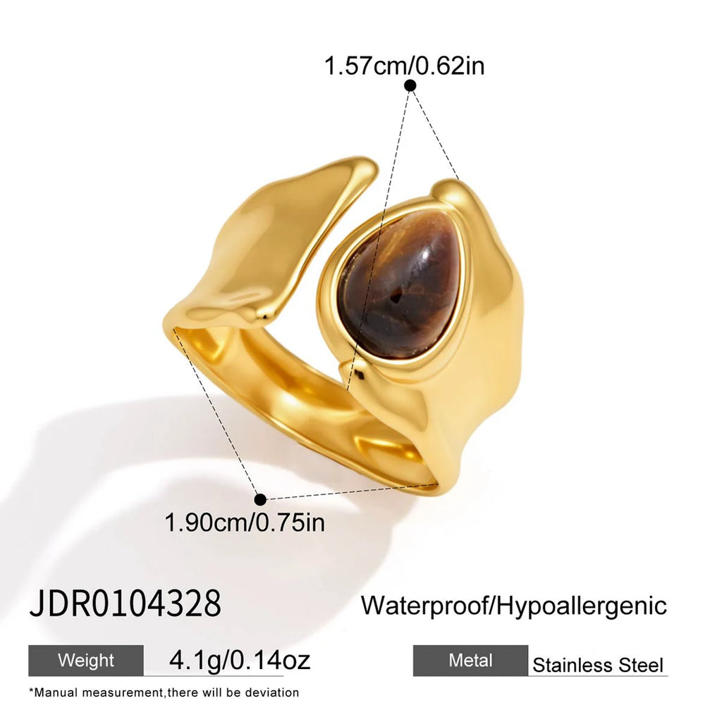 KIKA Vintage Water Drop Shape Tiger Eye Stone Open Rings 18K Gold PVD Plated Stainless Steel 316L