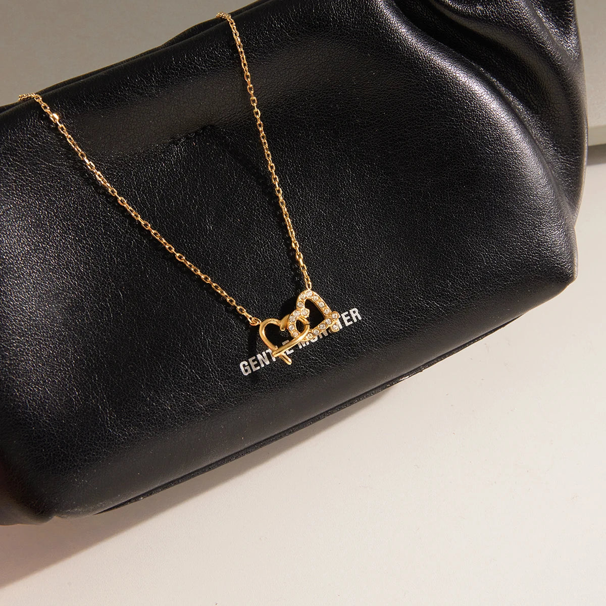 Kika Gold Plated Classic Zircon Heart-shaped Double-ring Interlocking Pendant Necklace