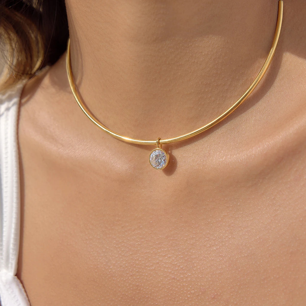 Classic Gold Color Geometric White Zircon Choker Necklace