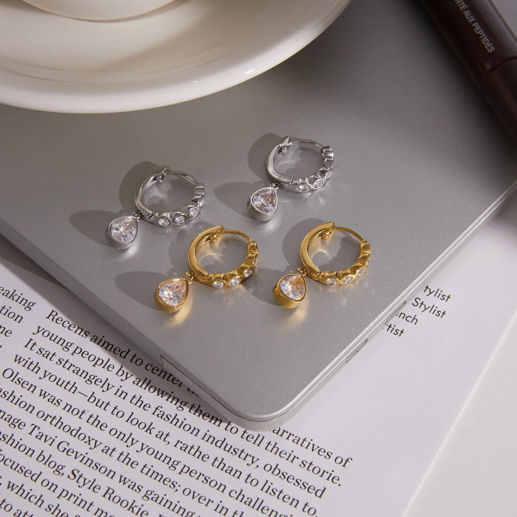 KIKA Delicate Round Water Drop Zircon Earrings PVD Plated Stainless Steel 316L