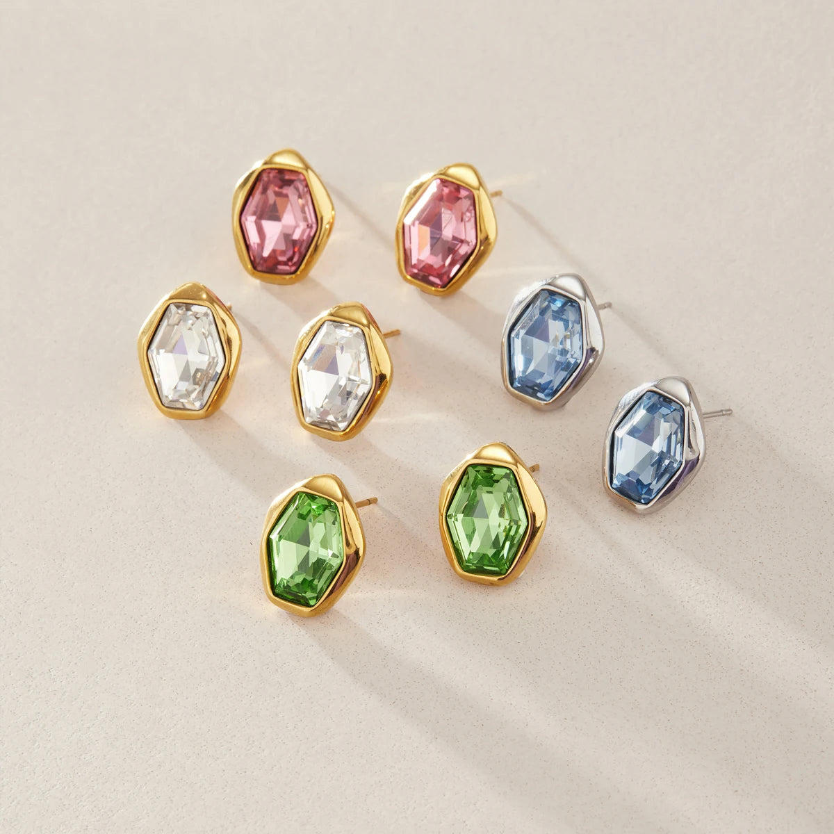 KIKA Elegant Glass Stone Stud Earrings  18K Gold PVD Plated Stainless Steel 316L