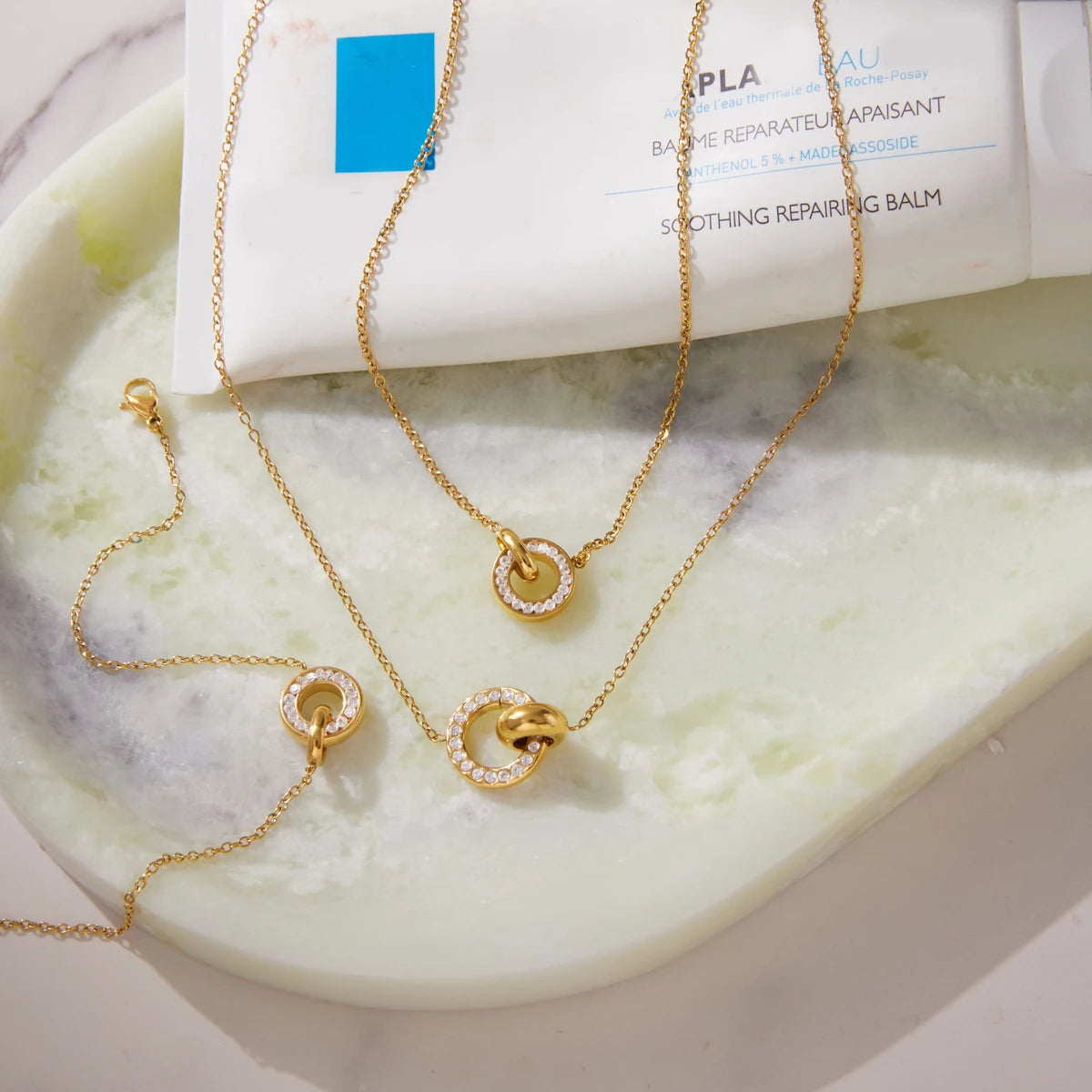 Kika Delicate White Zircon Double Ring Interlocking Pendant With O-Chain Necklace