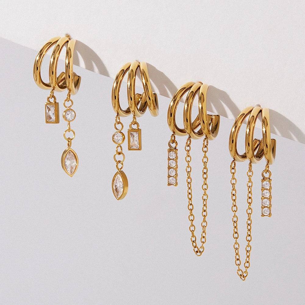 Kika Geometric Zircon Pendant Chains Tassel Earrings