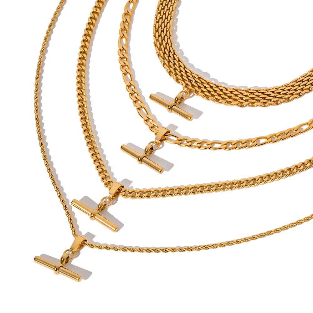 Kika New 18K Gold Color Plating Figaro Cuban Chain T-bar Pendant Necklace
