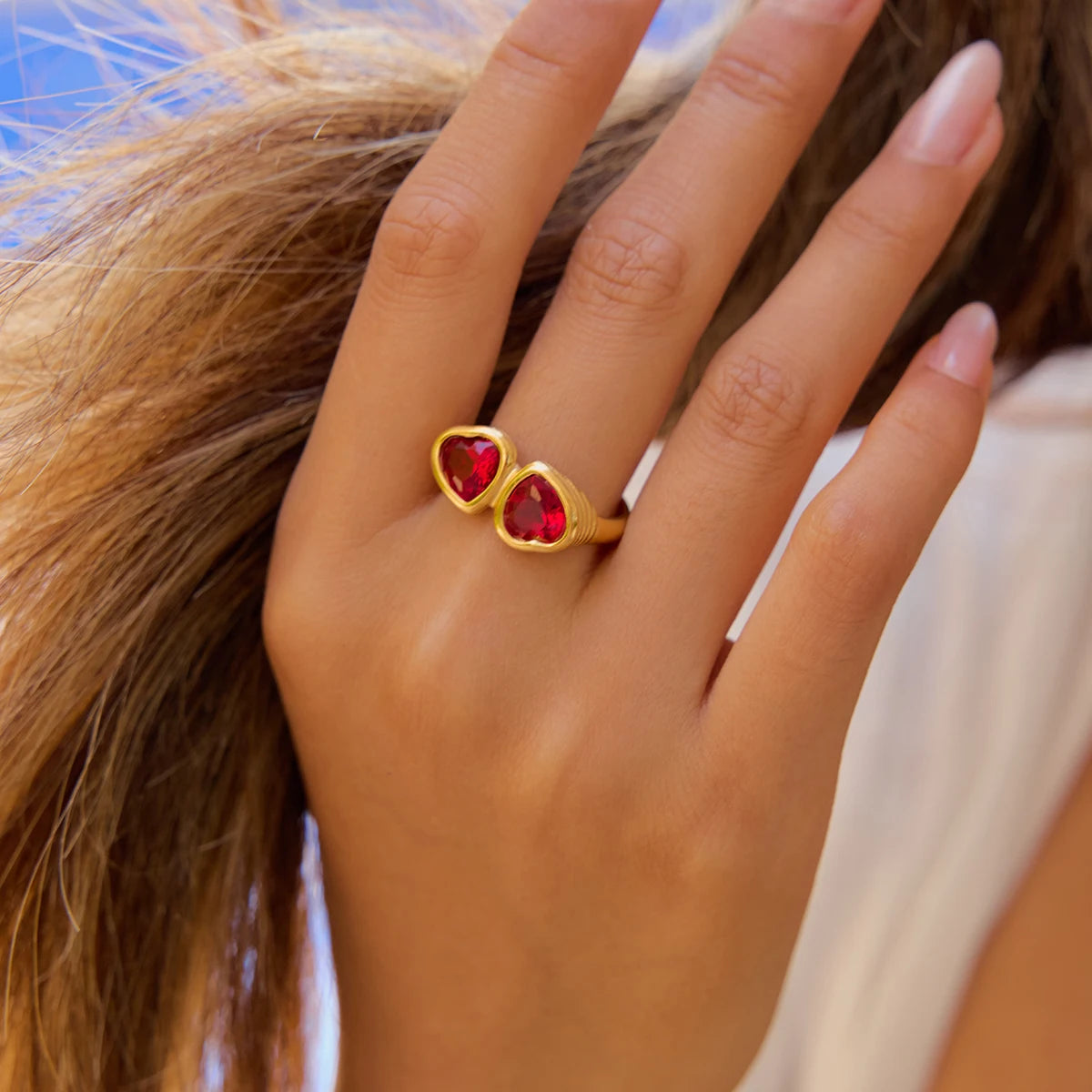 Kika Vintage Deep Red Zircon Heart Ring 18K Gold Color Plated Stainless Steel