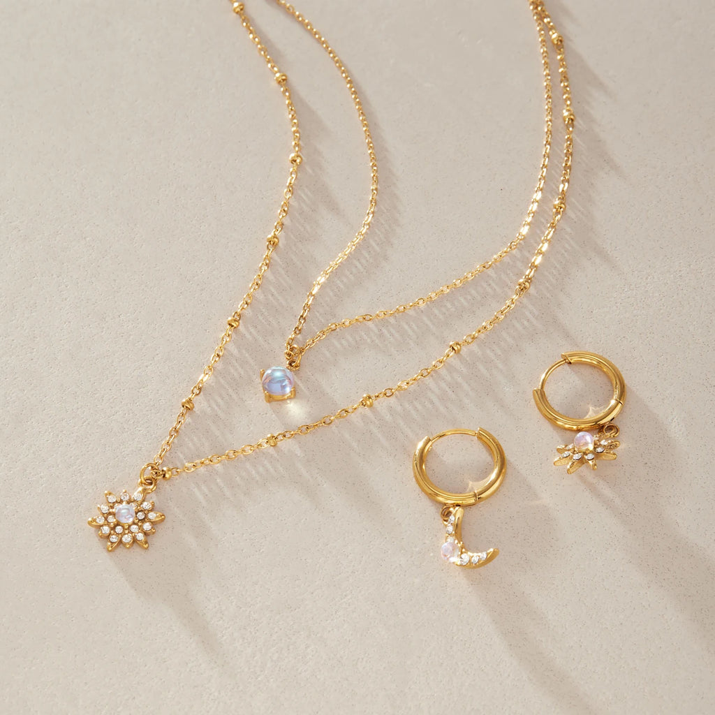 KIKA Moonstone Crystal Star Necklace Earrings  Gold PVD Plated Stainless Steel 316L