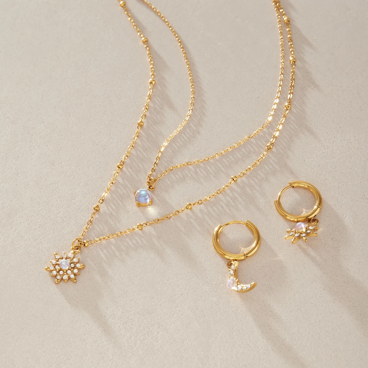 KIKA Moonstone Crystal Star Necklace Earrings  Gold PVD Plated Stainless Steel 316L