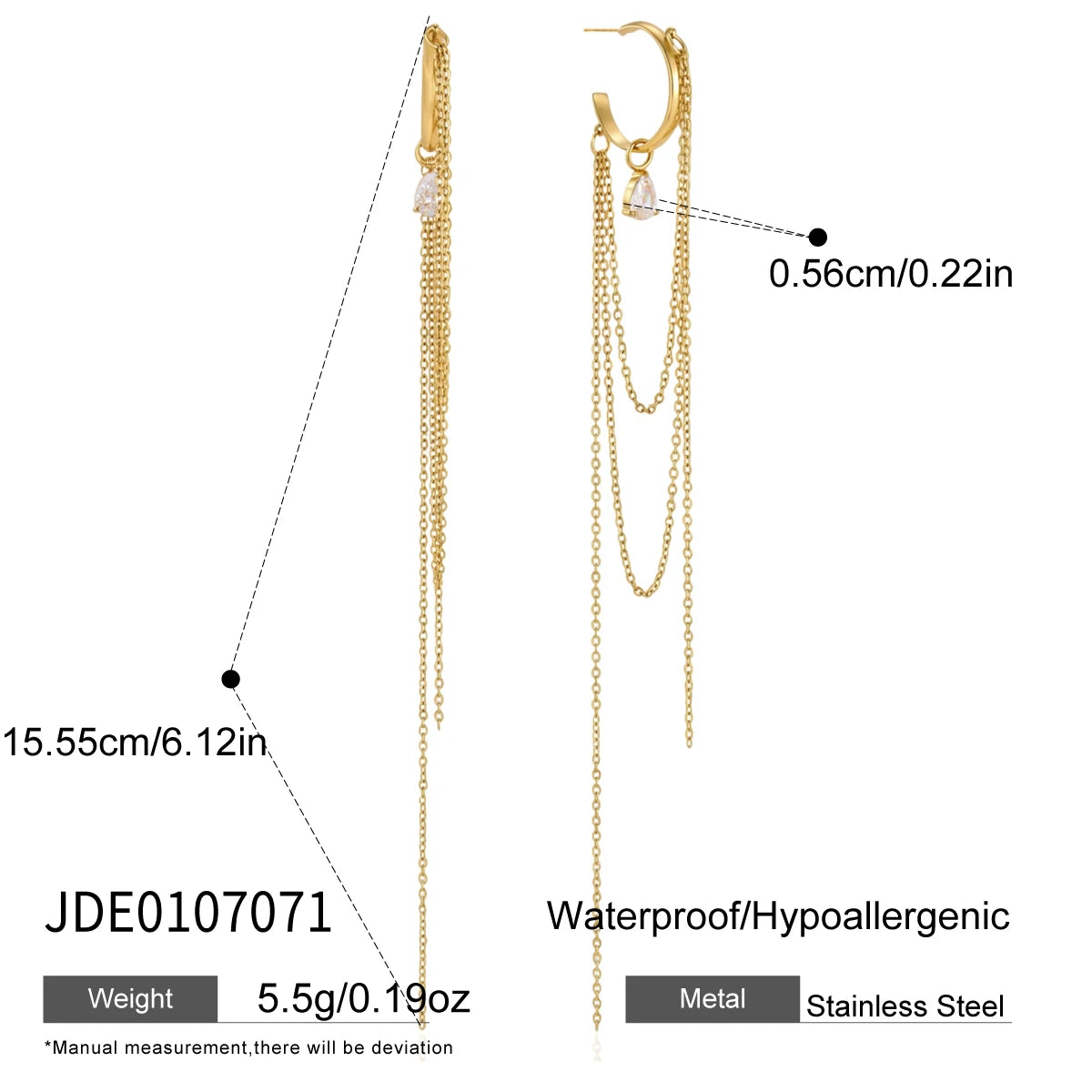 KIKA Water Drop Zircon Long Chains Tassel Earrings For Women 18K Gold PVD Plated Stainless Steel 316L