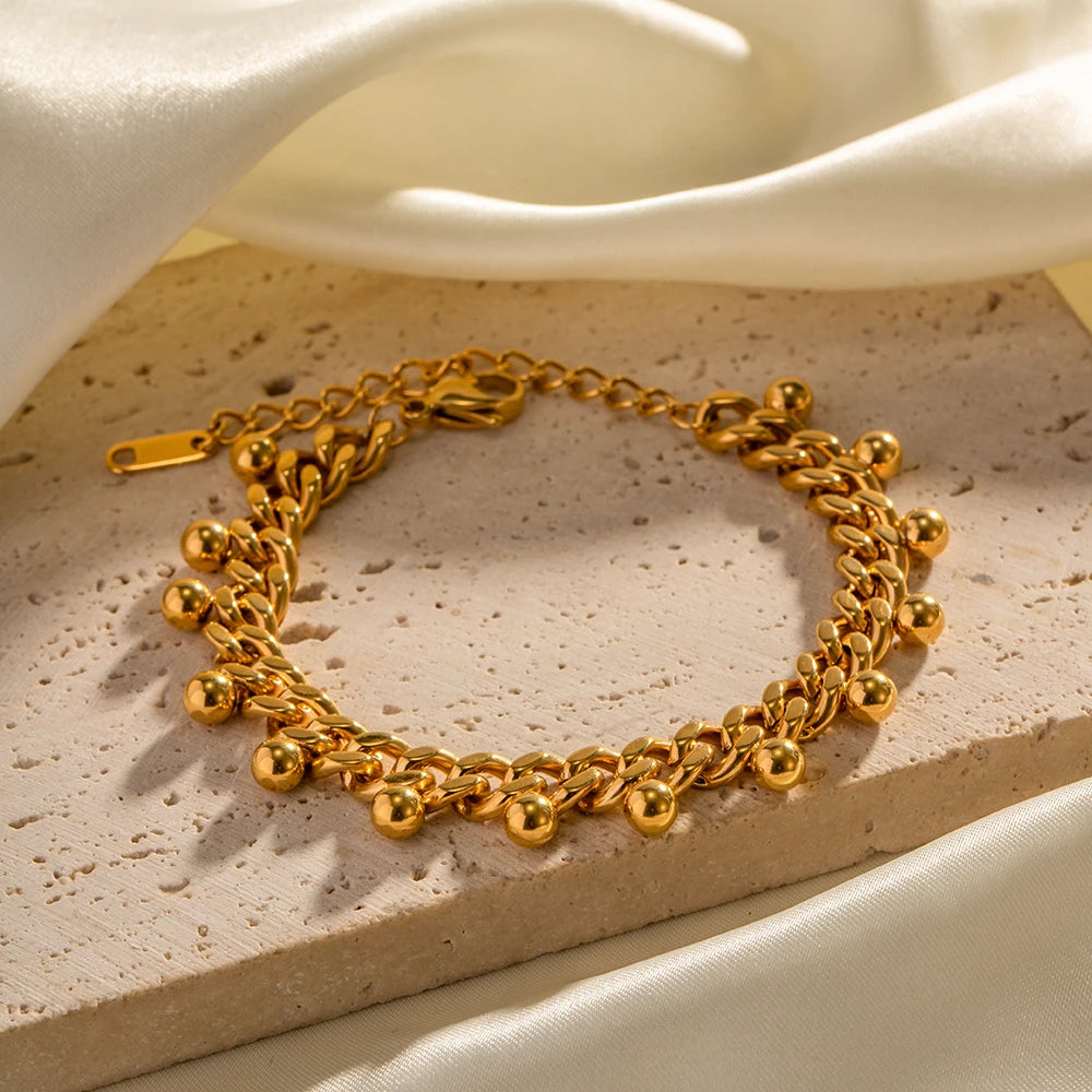 Kika INS 18K Gold Plated Plated Stainless Steel Jewelry Width Cuban Chain Bead Tassel Bracelet