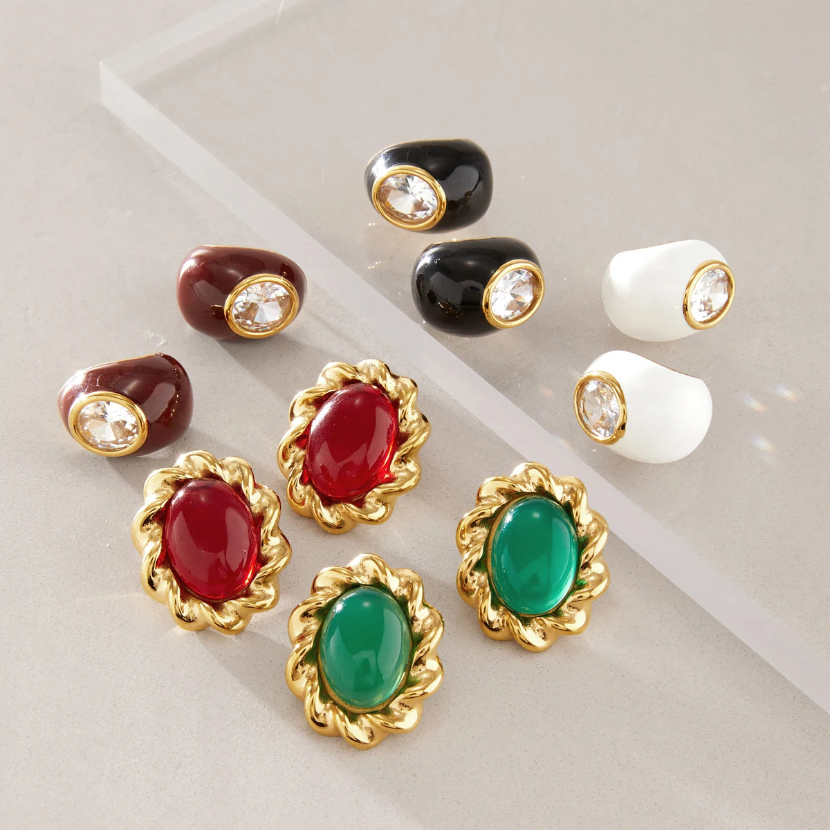 Kika White Zircon Multicolor Agate Stone Stud Earrings 18K Gold Plated Stainless Steel 316L