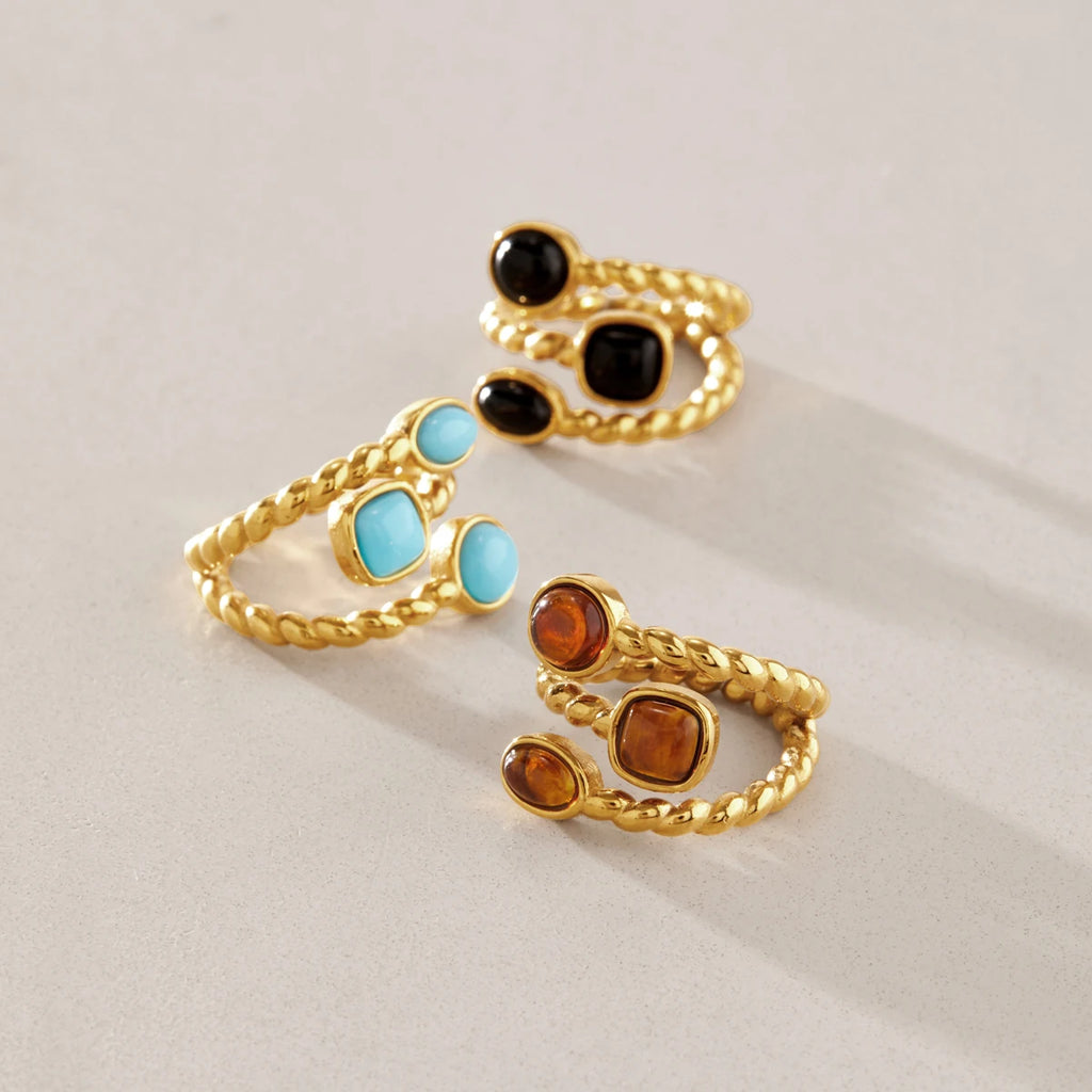 KIKA Vintage Resin Rings For Women Multilayer 18K Gold PVD Plated Stainless Steel 316L Twisted Open Rings Fashion Jewelry Gift