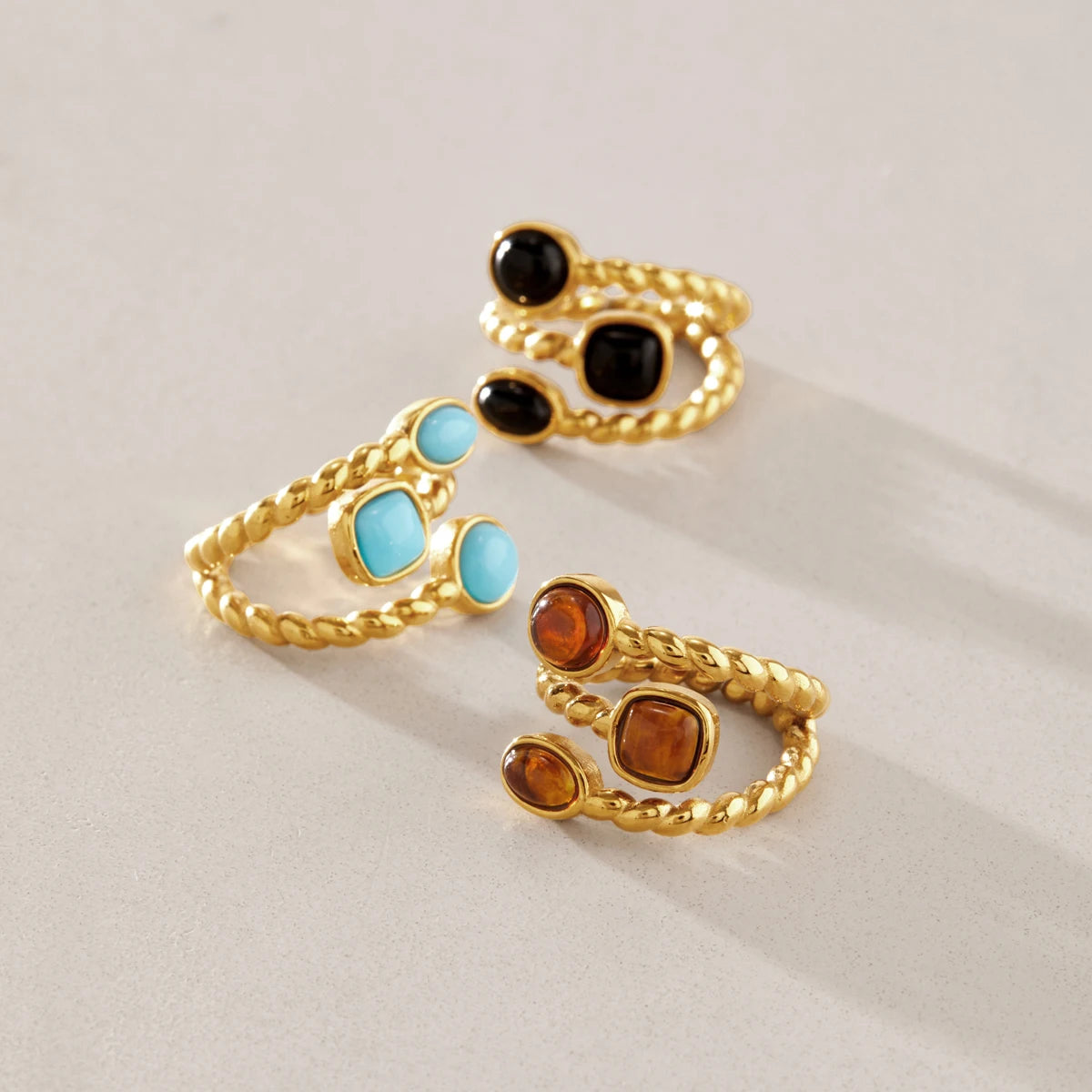KIKA Vintage Resin Rings For Women Multilayer 18K Gold PVD Plated Stainless Steel 316L Twisted Open Rings Fashion Jewelry Gift