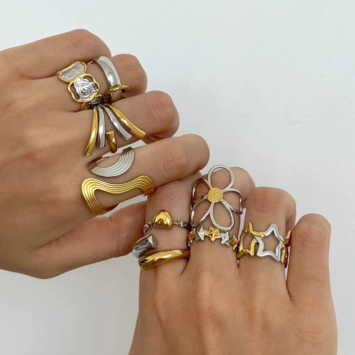 KIKA Minimalist Stainless Steel 3216L Two tone Hollow Flower Ring Stackable Texture Ring