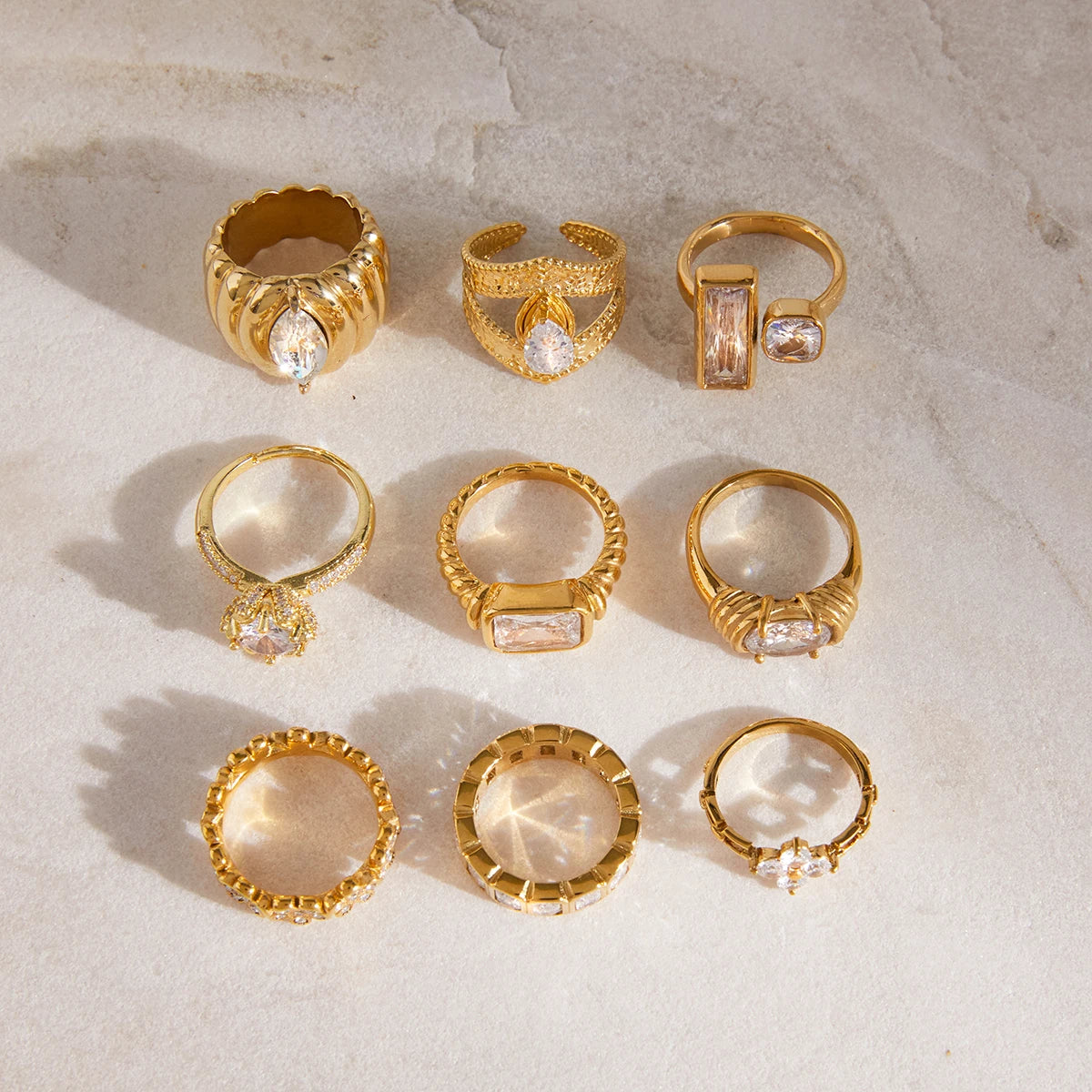 KIKA Minimalist 18K Gold Color PVD Plated Stainless Steel 316L Geometric Zircon Flower Ring Stackable Texture Ring