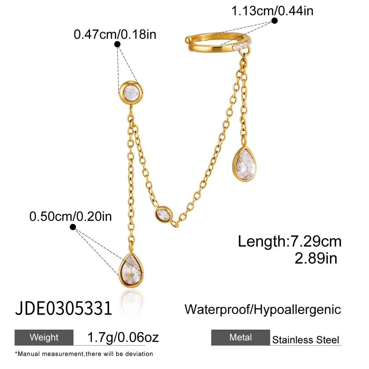 Kika 1 PC Delicate Zircon Chains Tassel Earring Gold PVD Plated Stainless Steel 316L