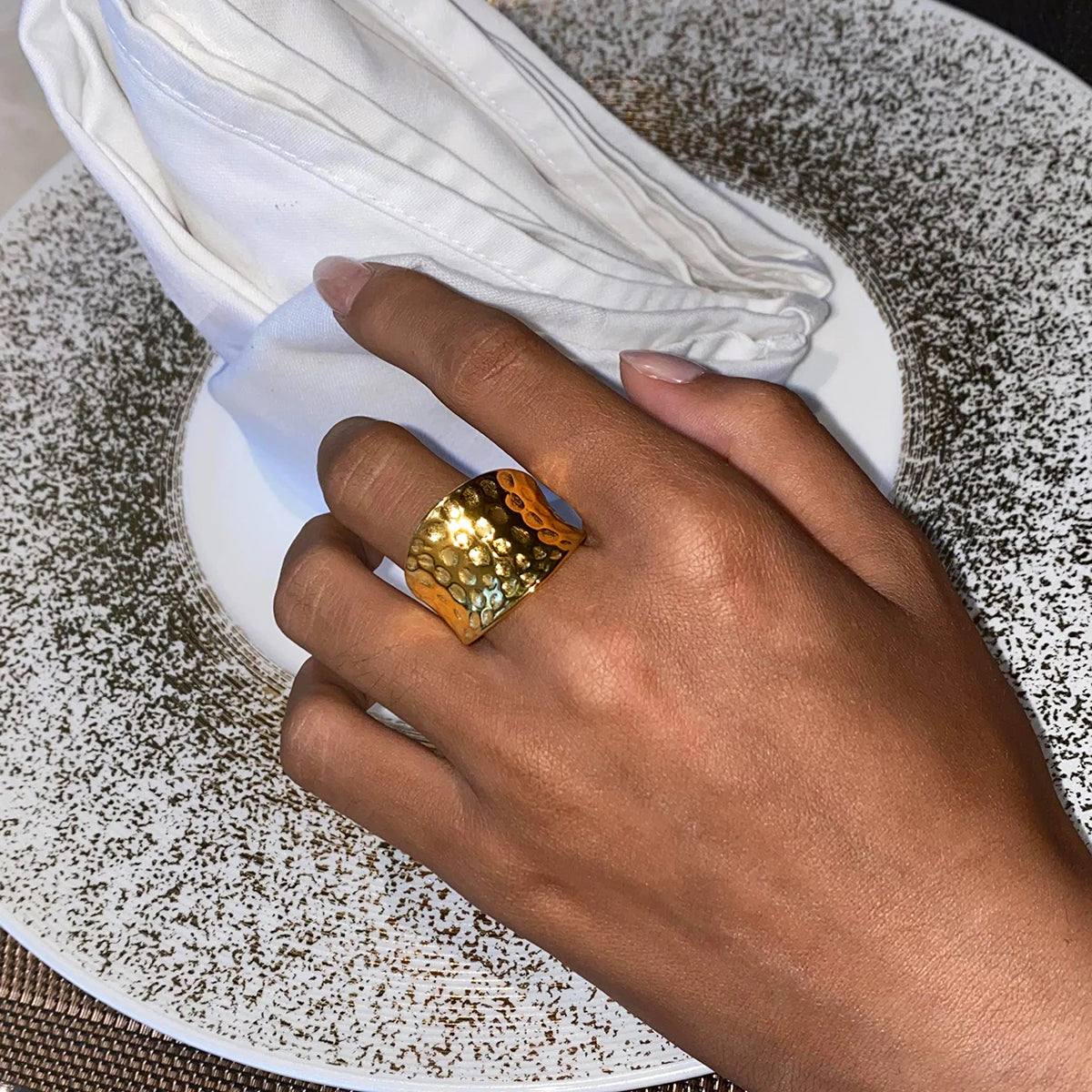 Kika Exaggerated Wide Hammered Concave Ring 18K Gold Color Waterproof Fashion Minimalist Statement Charm Jewelry Women