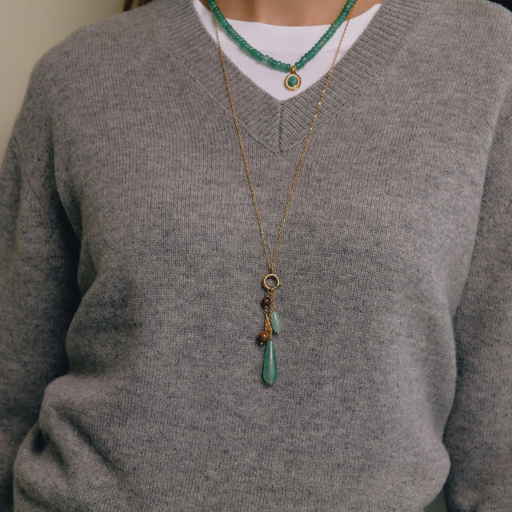 KIKA Green Aventurine Tiger Eye Stone Pendant Necklace For Women 18K Gold PVD Plated Stainless Steel Necklace Fashion Jewelry