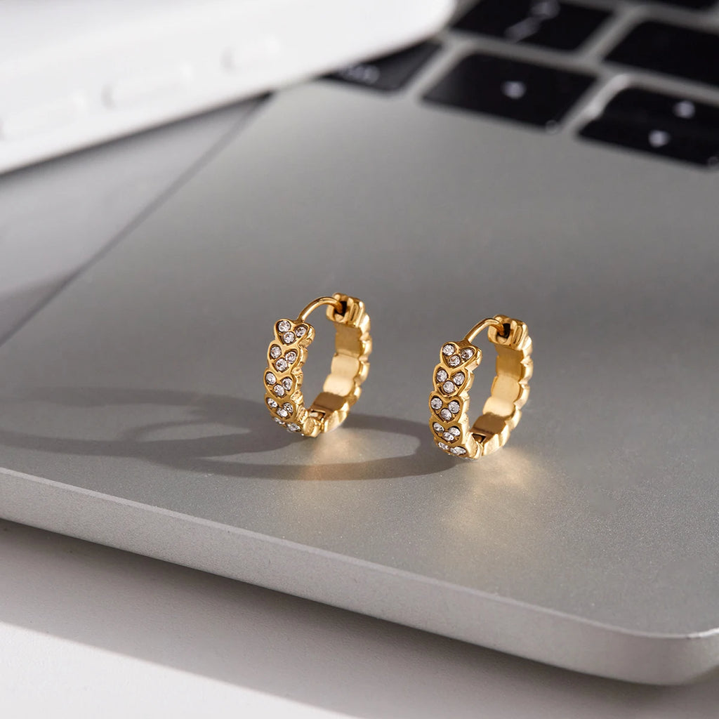 KIKA Classic PVD Plated Gold Color White Rhinestone Heart-Shaped Hoop Earring  Stainless Steel 316L Waterproof