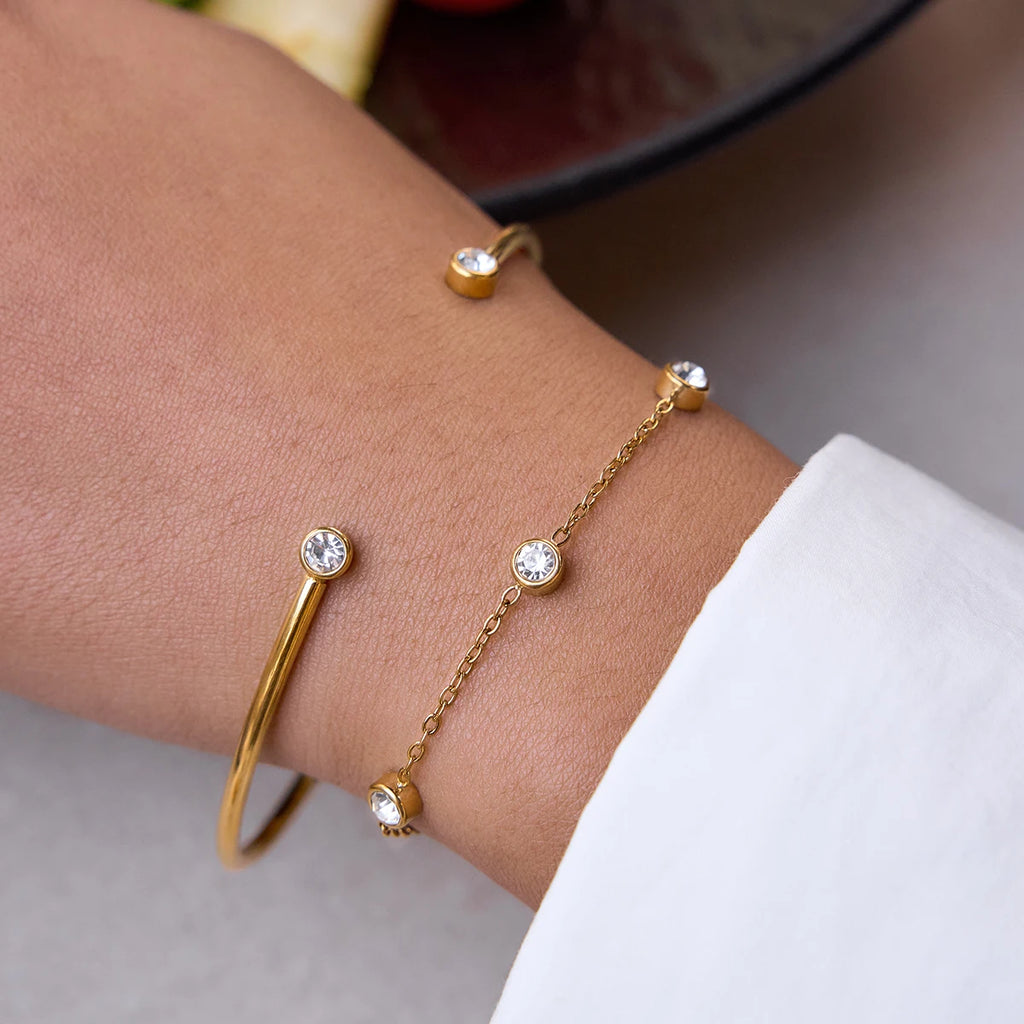White Round Zircon Open Bracelet With O-Chain Double Layered Bracelets