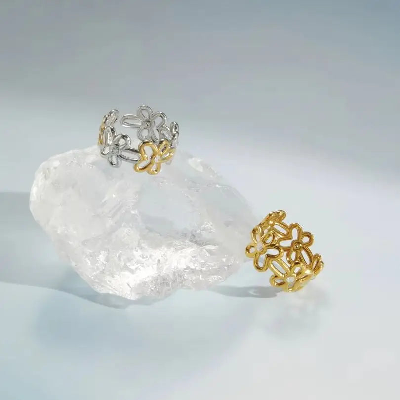 KIKA Delicate Hollow-Out Flower Opening Ring PVD  Plated Stainless Steel 316L