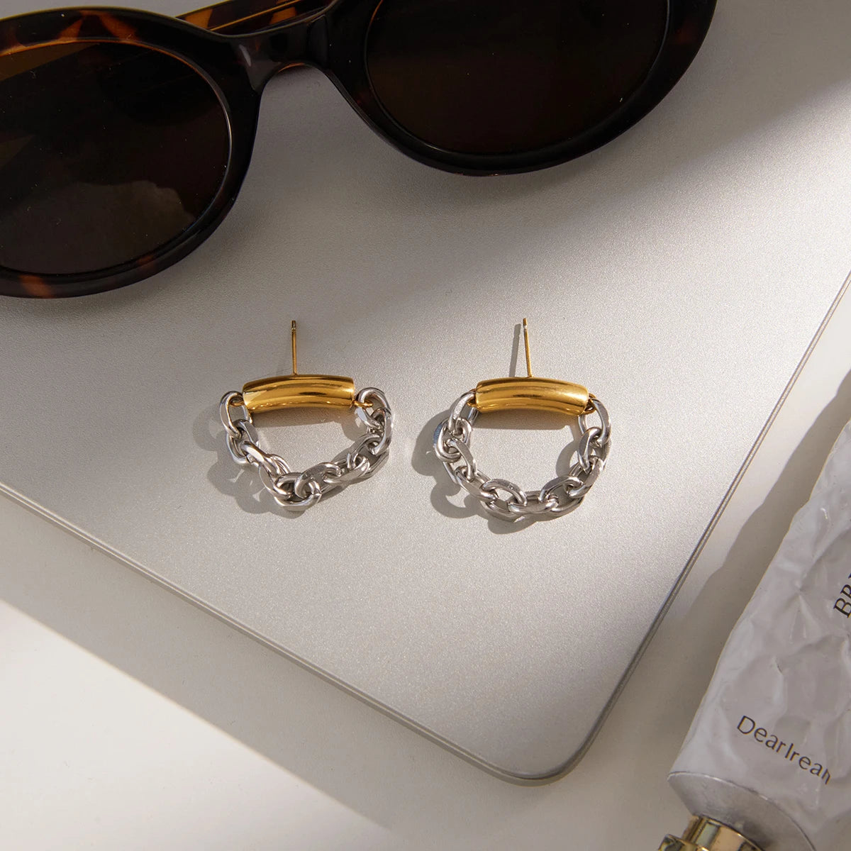 Minimalist 18K Gold And Silver Color-block Chain Tassel Earrings