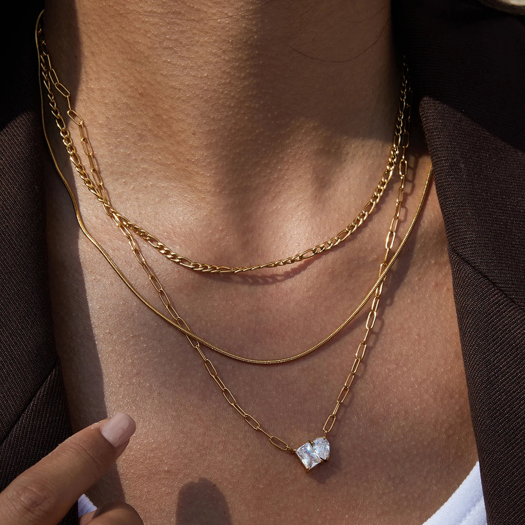 Kika Simple Classic 18K Gold Color Plated Stainless Steel Square White Zircon Water Drop Pendant Necklace