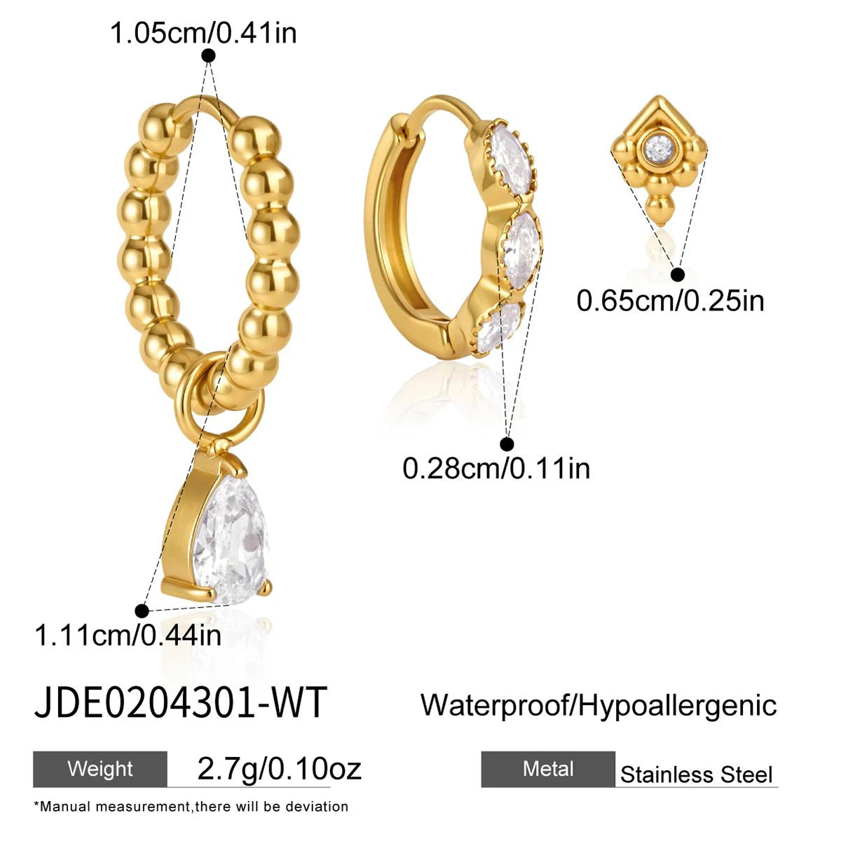 KIKA 3 Pcs/Set Elegant Zircon Earrings PVD Plated Stainless Steel 316L