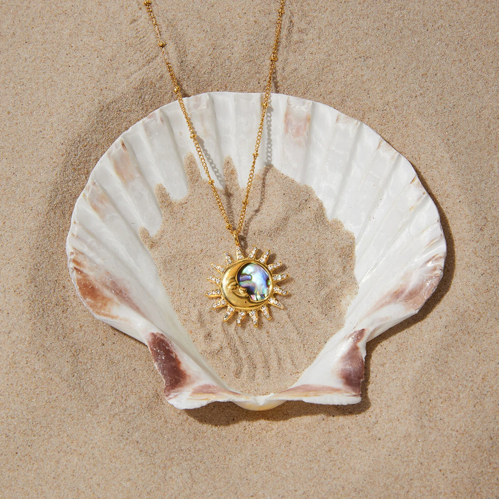 Kika Classic Moon Sun Pendant With White Rhineston Bead Chain Necklace
