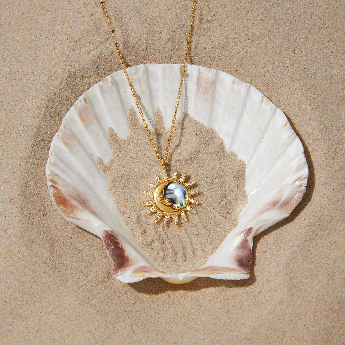 Kika Classic Moon Sun Pendant With White Rhineston Bead Chain Necklace