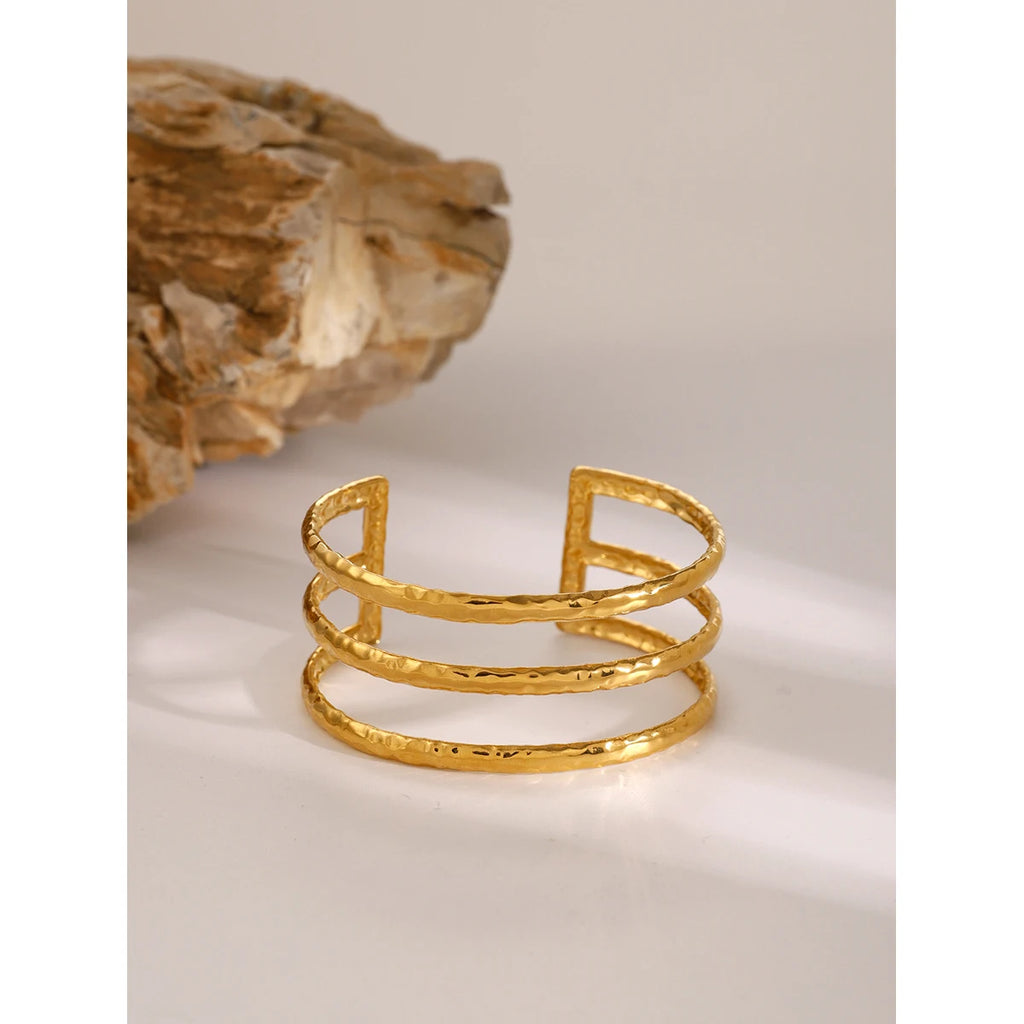 KIKA Stainless Steel Statement Gold Color Cuff Bracelet Bangle Metal Texture Multi-Layer Temperament Waterproof Jewelry