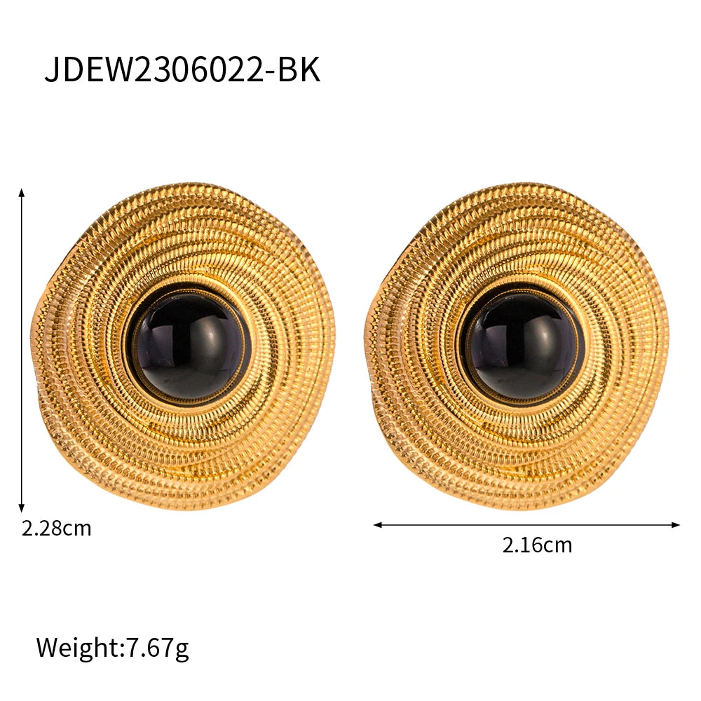 Black Stone Earrings Statement Golden Metal