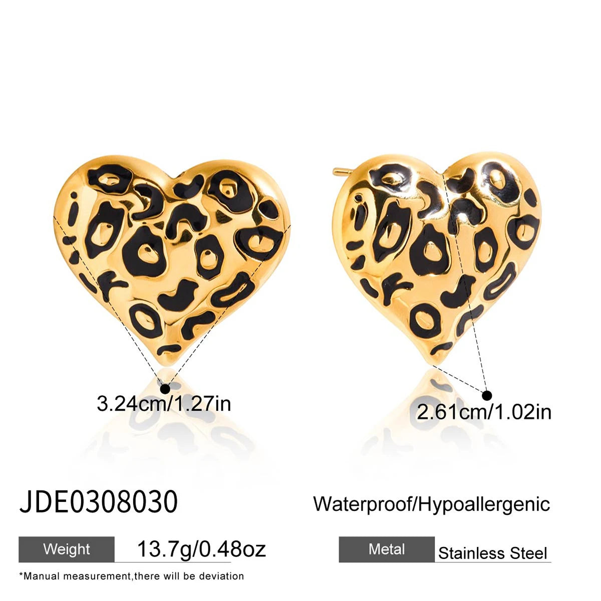 Kika Vintage Black Oil Drop Leopard Heart Ear Studs