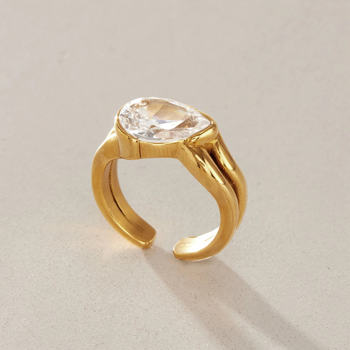 Kika Water Drop Zircon Double Layer Open Rings 18K Gold PVD Plated Stainless Steel 316L