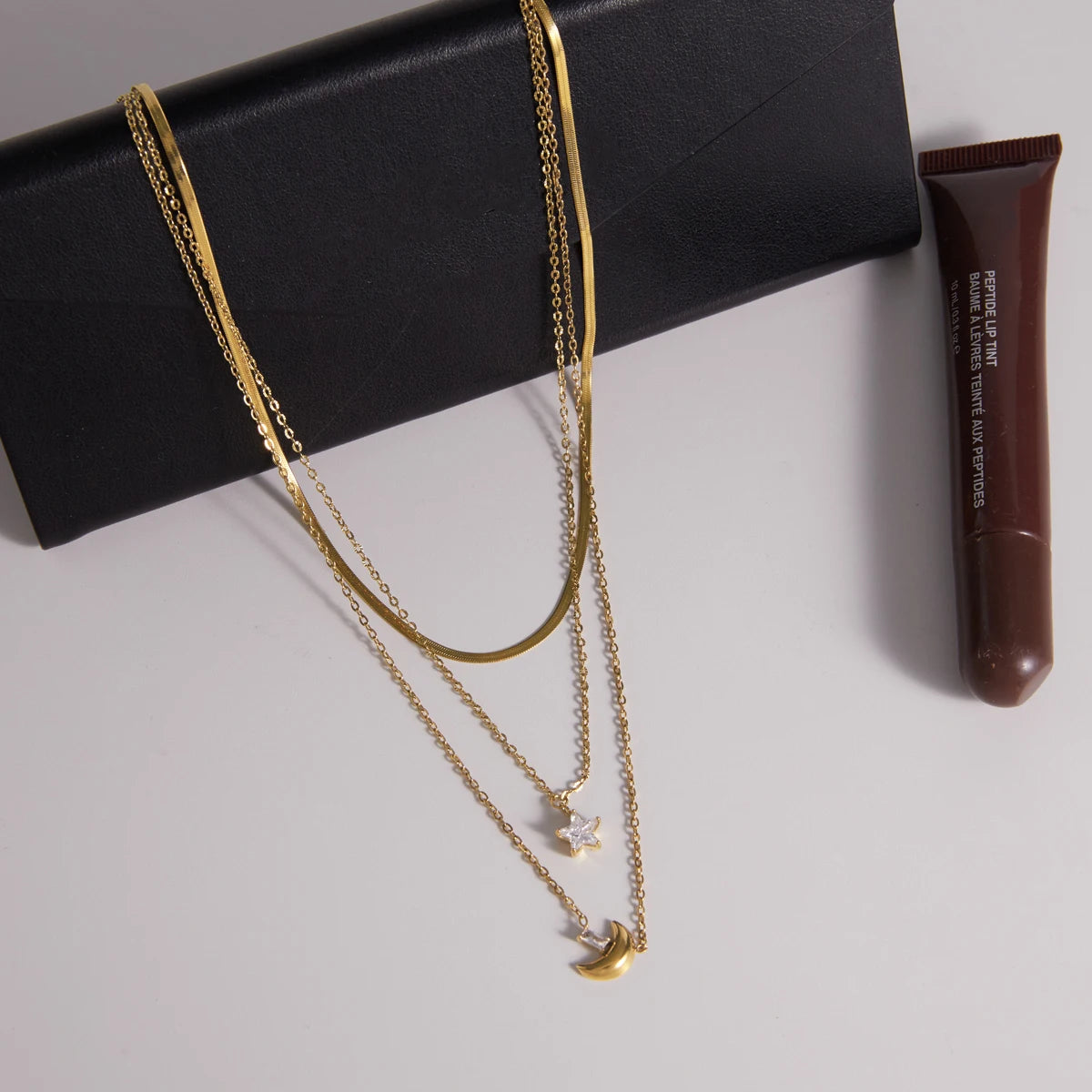Kika Delicate Square White Zircon Moon Star Pendant With Three Layers Chain Necklaces
