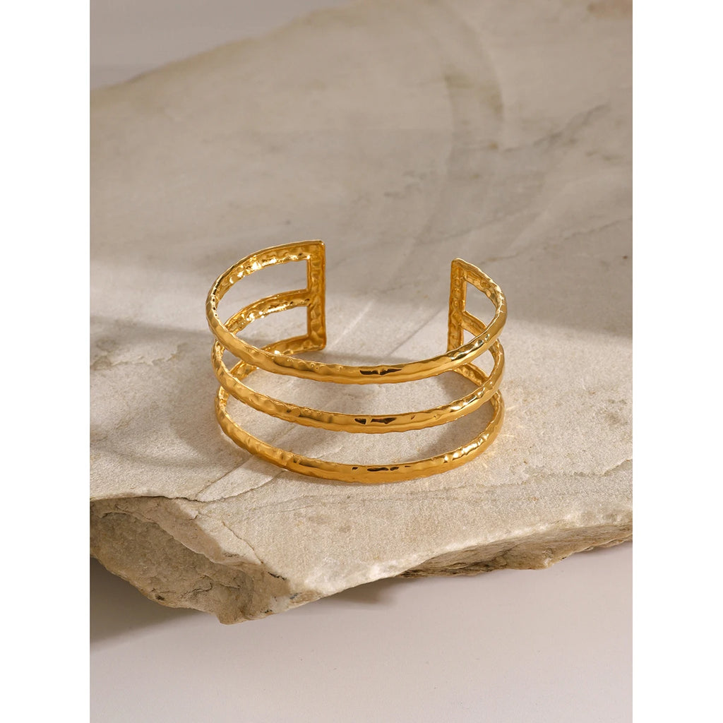 KIKA Stainless Steel Statement Gold Color Cuff Bracelet Bangle Metal Texture Multi-Layer Temperament Waterproof Jewelry