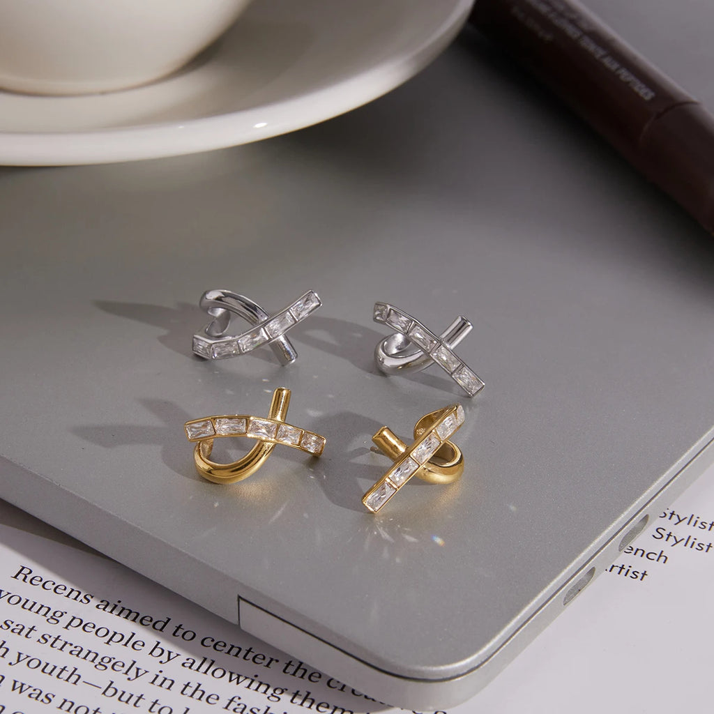 KIKA Rectangle Zircon X Shape Cross Stud Earrings  18K Gold PVD Plated Stainless Steel 316L