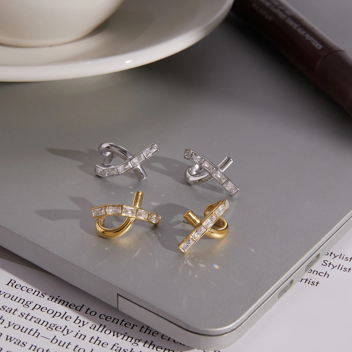 KIKA Rectangle Zircon X Shape Cross Stud Earrings  18K Gold PVD Plated Stainless Steel 316L