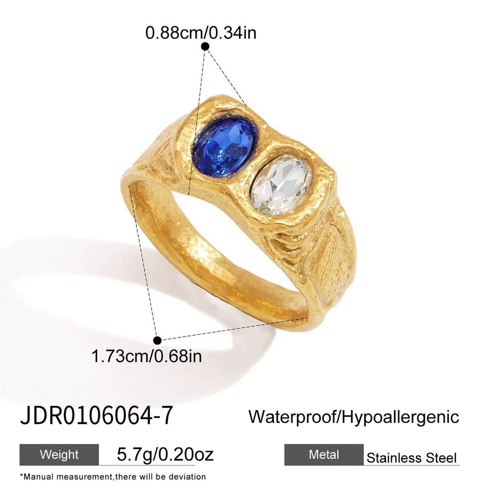 Kika Elegant Blue Crystal Chunky Rings 18K Gold PVD Plated Stainless Steel 316l