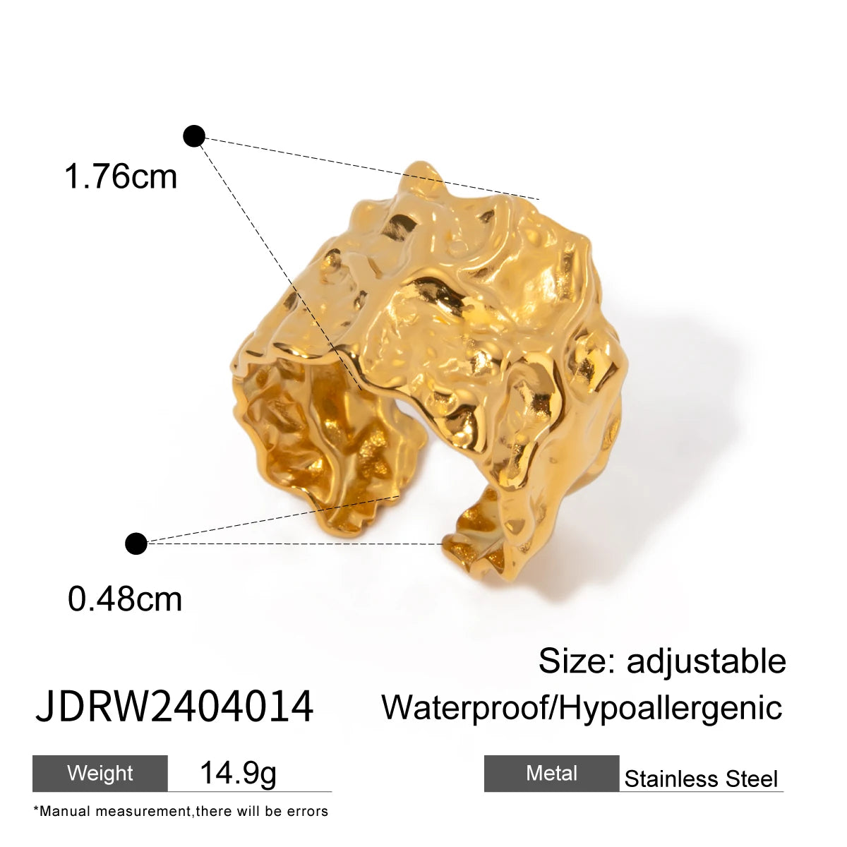 kika Stainless Steel With 18k Gold Color Plated Hammered Wide Open Ring