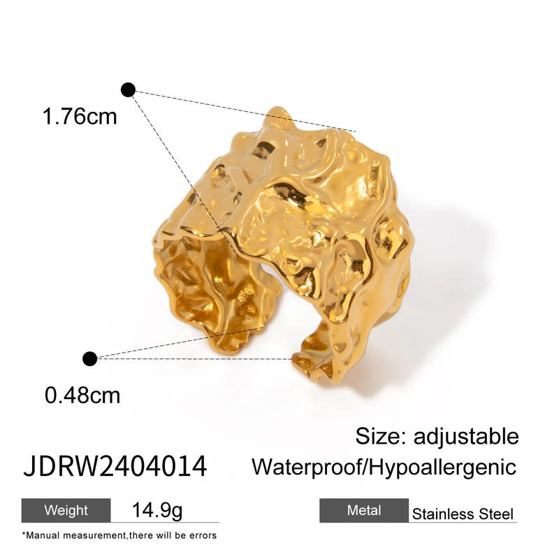 kika Stainless Steel With 18k Gold Color Plated Hammered Wide Open Ring